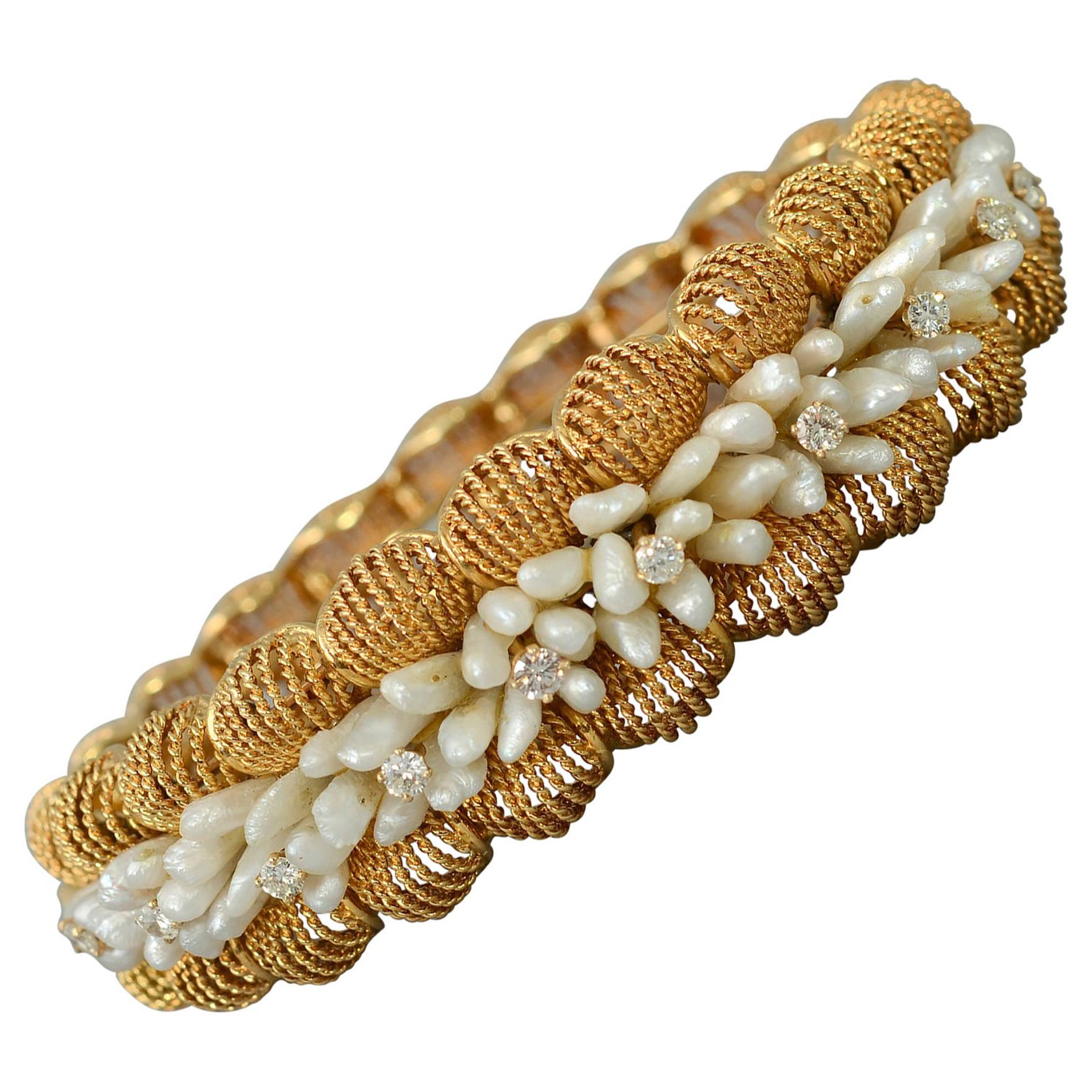 Seed Pearl and Diamonds Gold Bangle Bracelet For Sale
