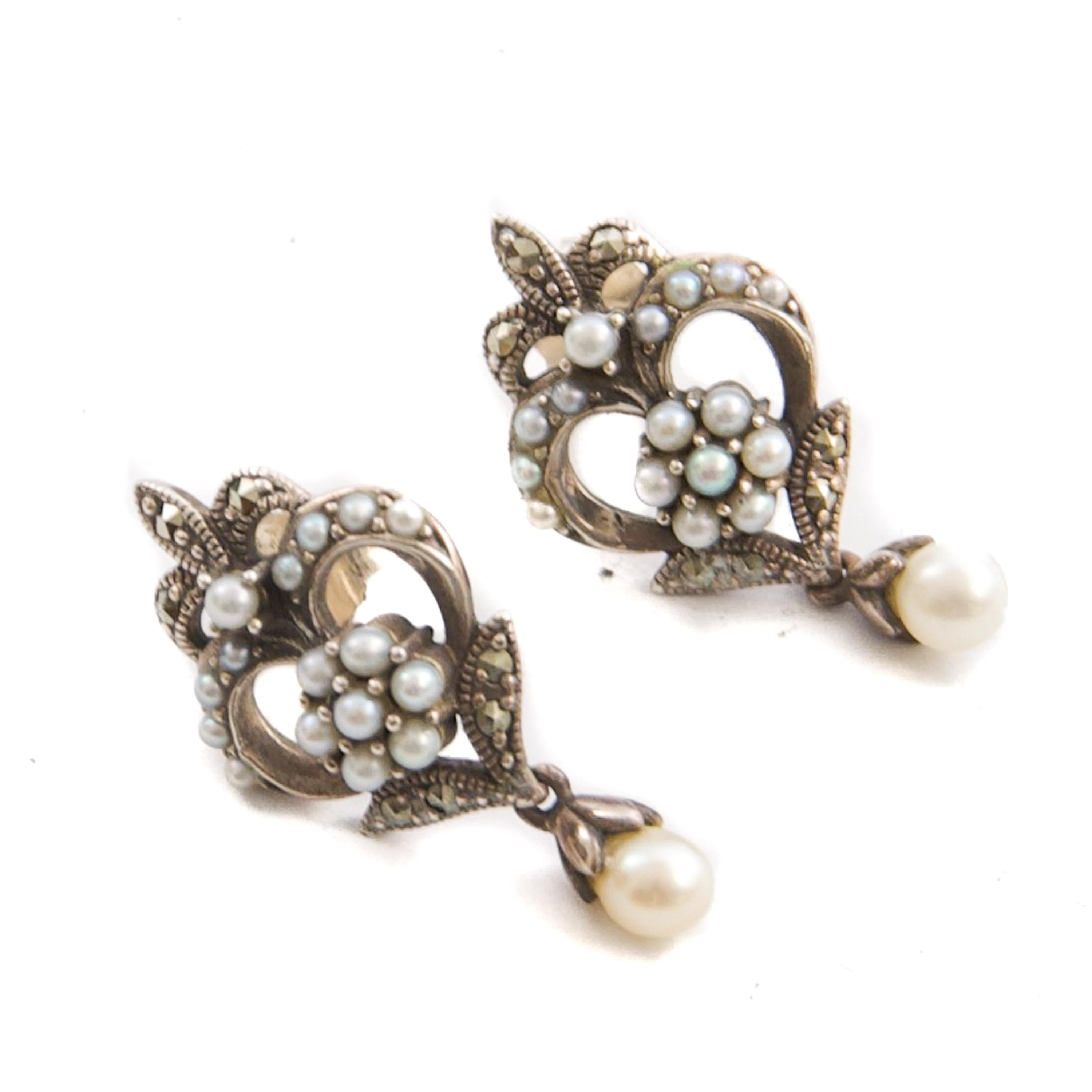Round Cut Seed Pearl and Marcasite Fleur-de-Lis Silver Drop Earrings For Sale