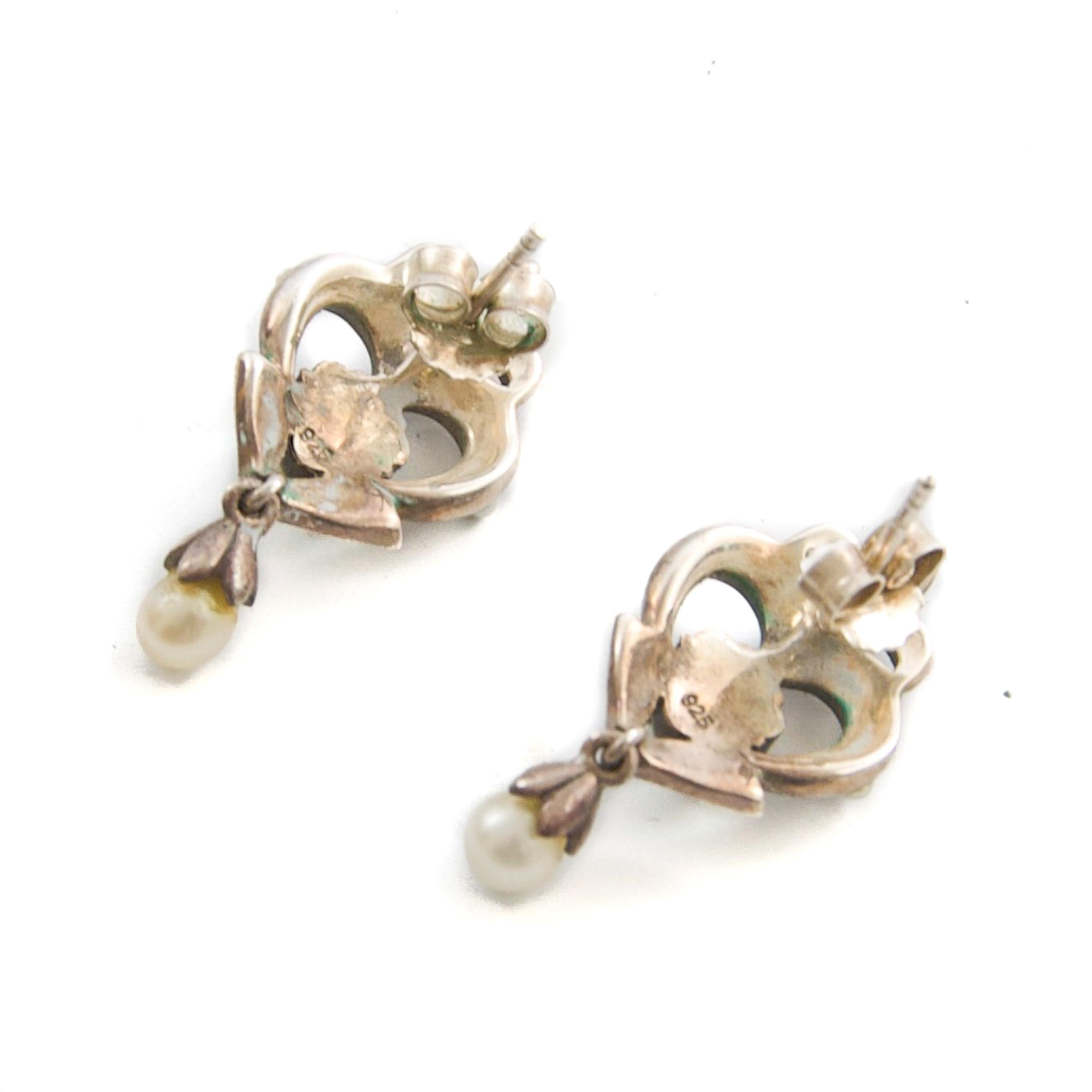 Women's Seed Pearl and Marcasite Fleur-de-Lis Silver Drop Earrings For Sale