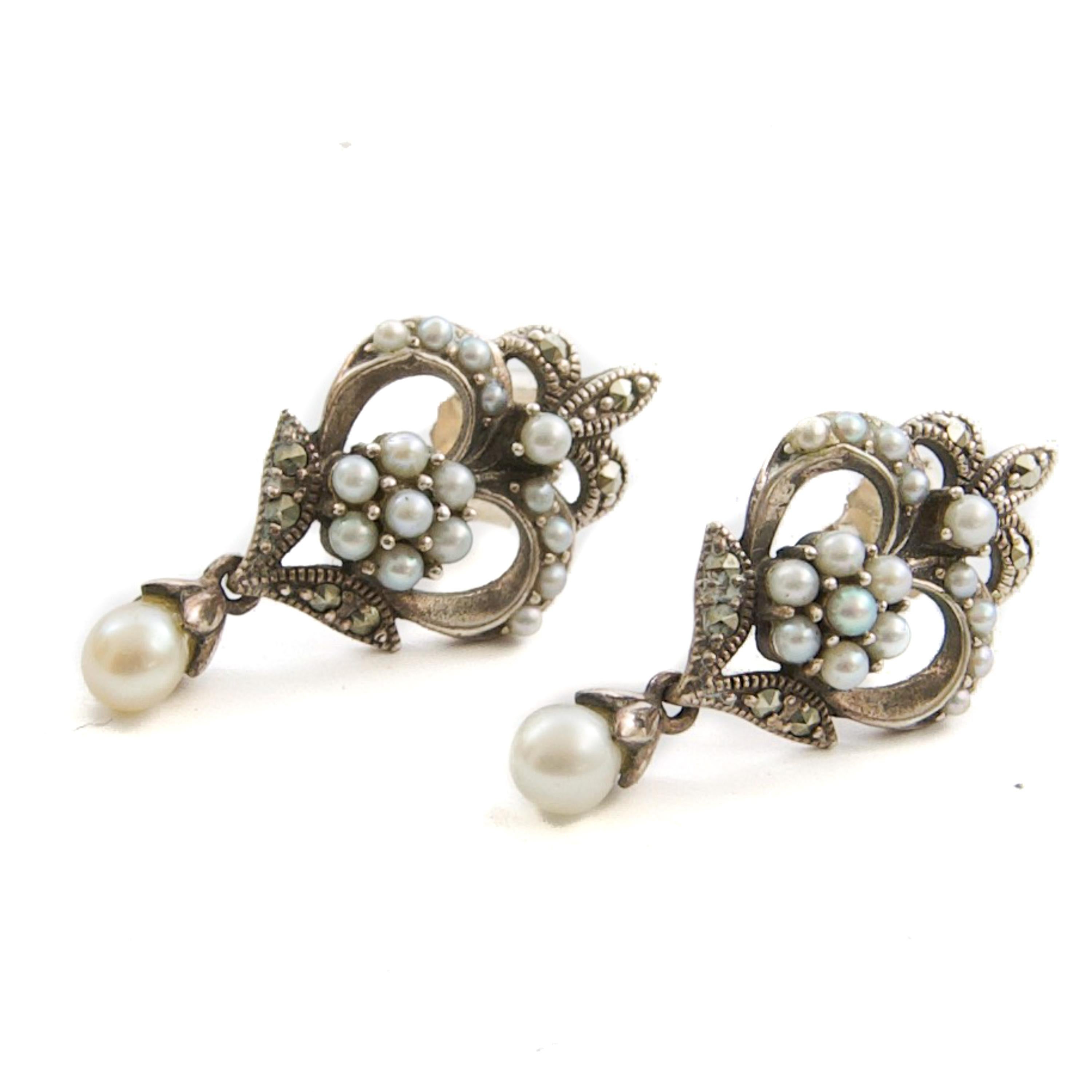 Seed Pearl and Marcasite Fleur-de-Lis Silver Drop Earrings For Sale 1