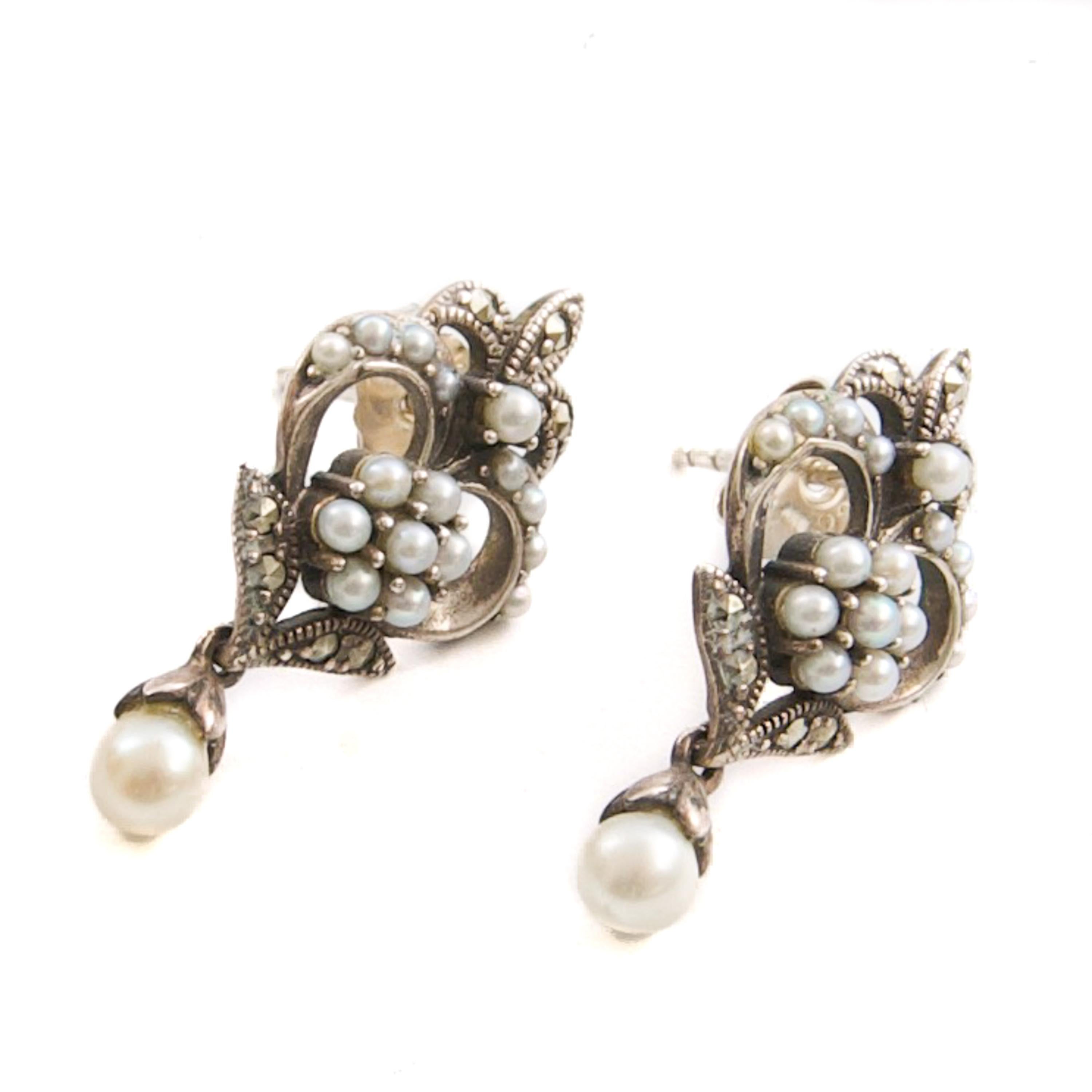 Seed Pearl and Marcasite Fleur-de-Lis Silver Drop Earrings For Sale 2