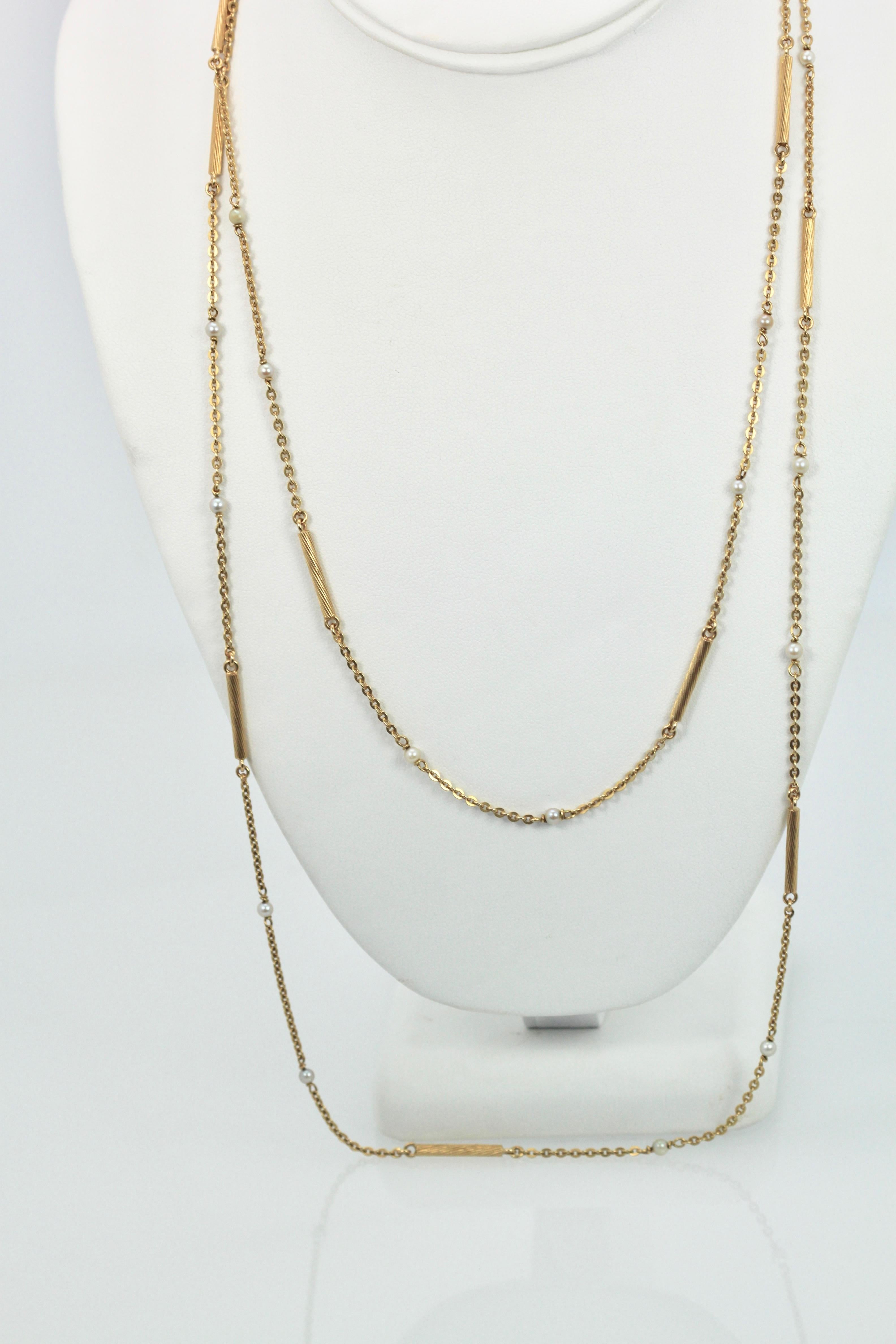 Round Cut Seed Pearl Chain Extra Long 18 Karat Yellow Gold