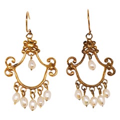 Seed Pearl Chandelier Earrings in 14 Karat Yellow Gold, Estate Earrings