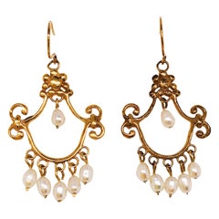 Seed Pearl Chandelier Earrings in 14 Karat Yellow Gold, Estate Earrings