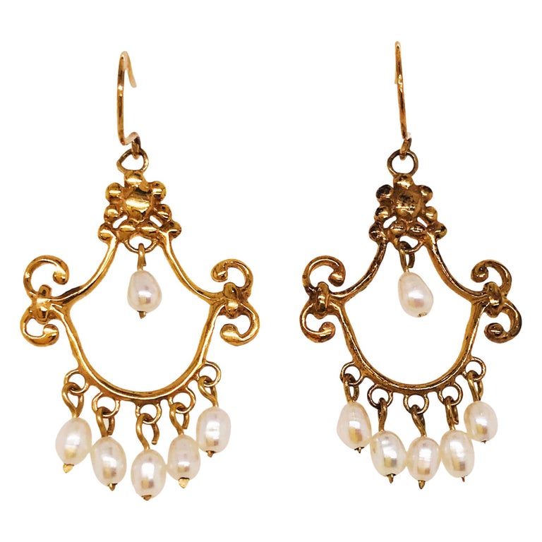 Seed Pearl Chandelier Earrings in 14 Karat Yellow Gold, Estate Earrings For  Sale at 1stDibs