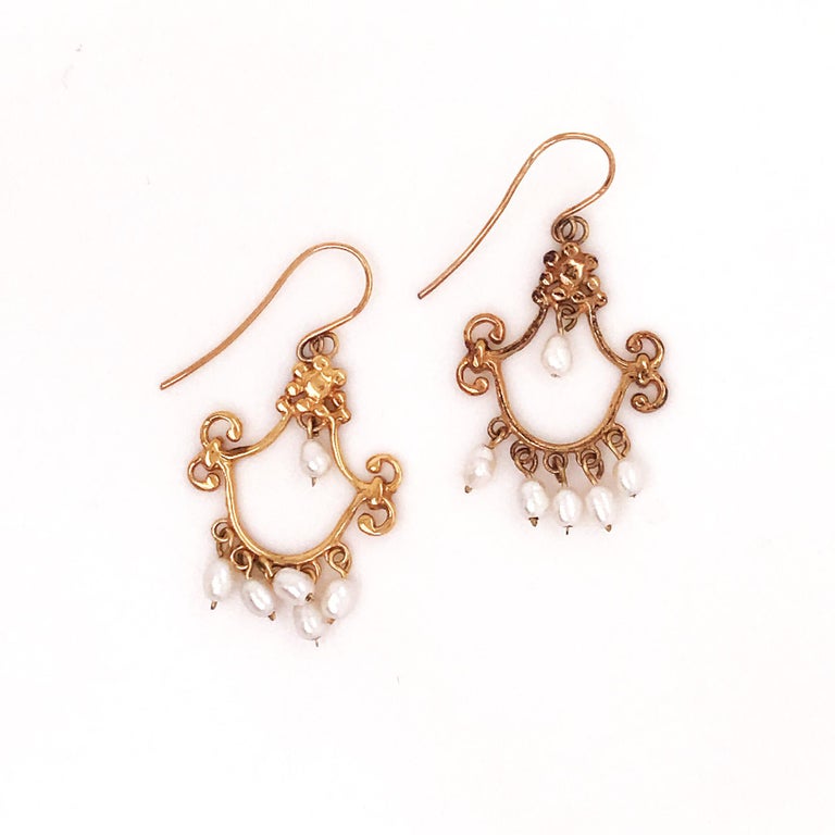 Seed Pearl Chandelier Earrings in 14 Karat Yellow Gold, Estate Earrings ...