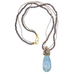 Seed Pearl Cluster Aquamarine, and Labradorite Double Strand 18 Karat Necklace