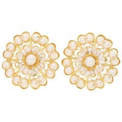 Vintage Seed Pearl Cluster Stud Floral Earrings in Yellow Gold Filigree