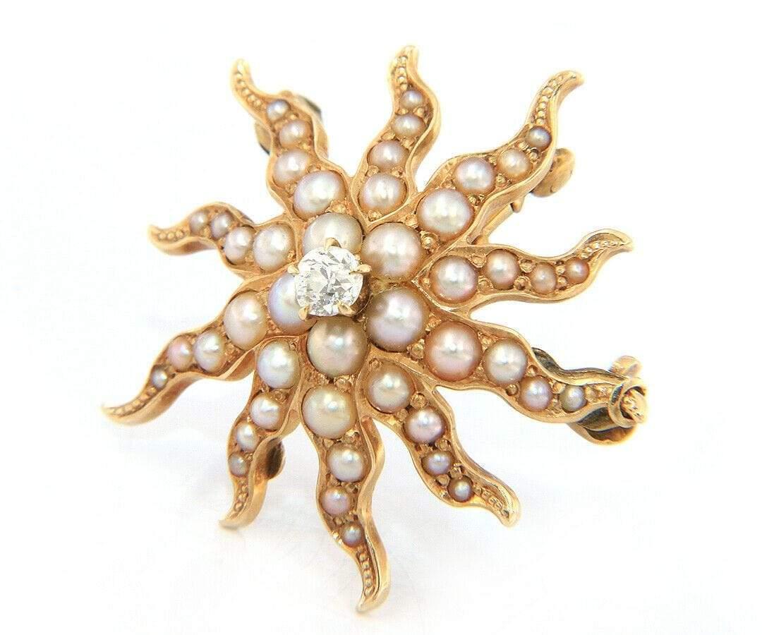 Seed Pearl Diamond Accent Sunburst Pendant/Brooch in 14K Yellow Gold In Excellent Condition In Vienna, VA
