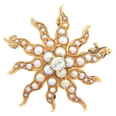 Seed Pearl Diamond Accent Sunburst Pendant/Brooch in 14K Yellow Gold