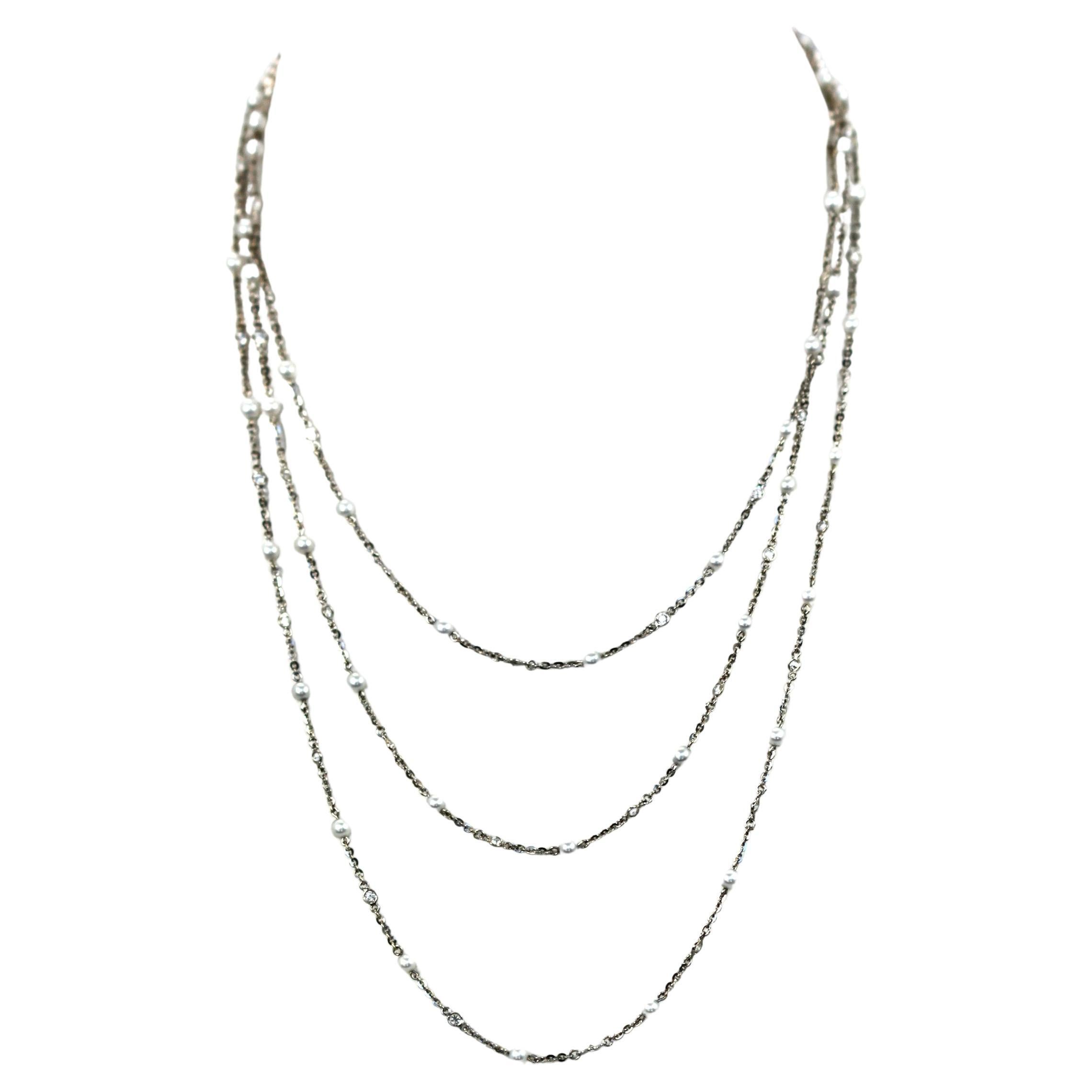 Seed Pearl Diamond Platinum 52" long Necklace