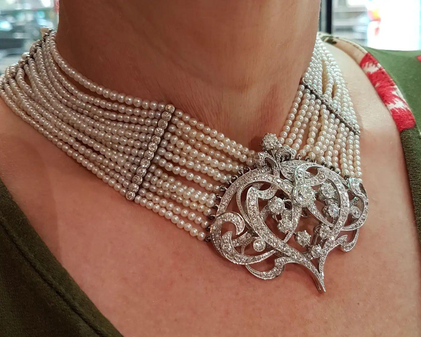Seed Pearl Diamond Platinum Gold Choker Necklace For Sale 4