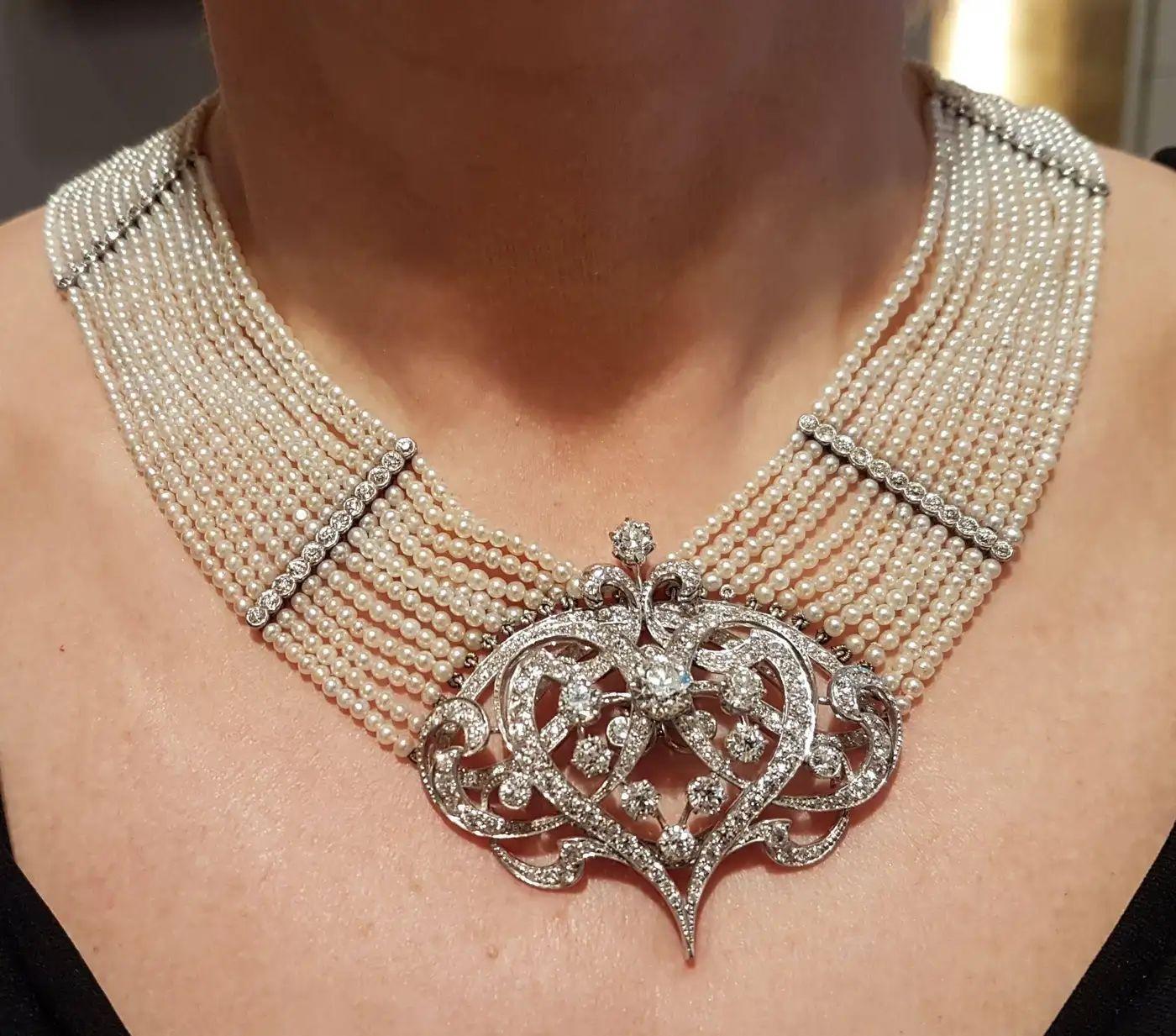 Jugendstil Seed Pearl Diamond Platinum Gold Choker Necklace For Sale