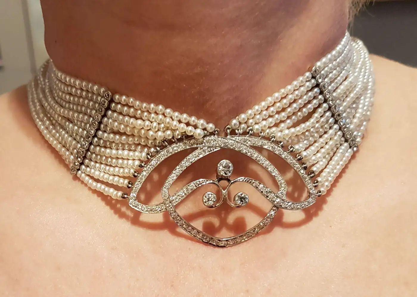 Old European Cut Seed Pearl Diamond Platinum Gold Choker Necklace For Sale