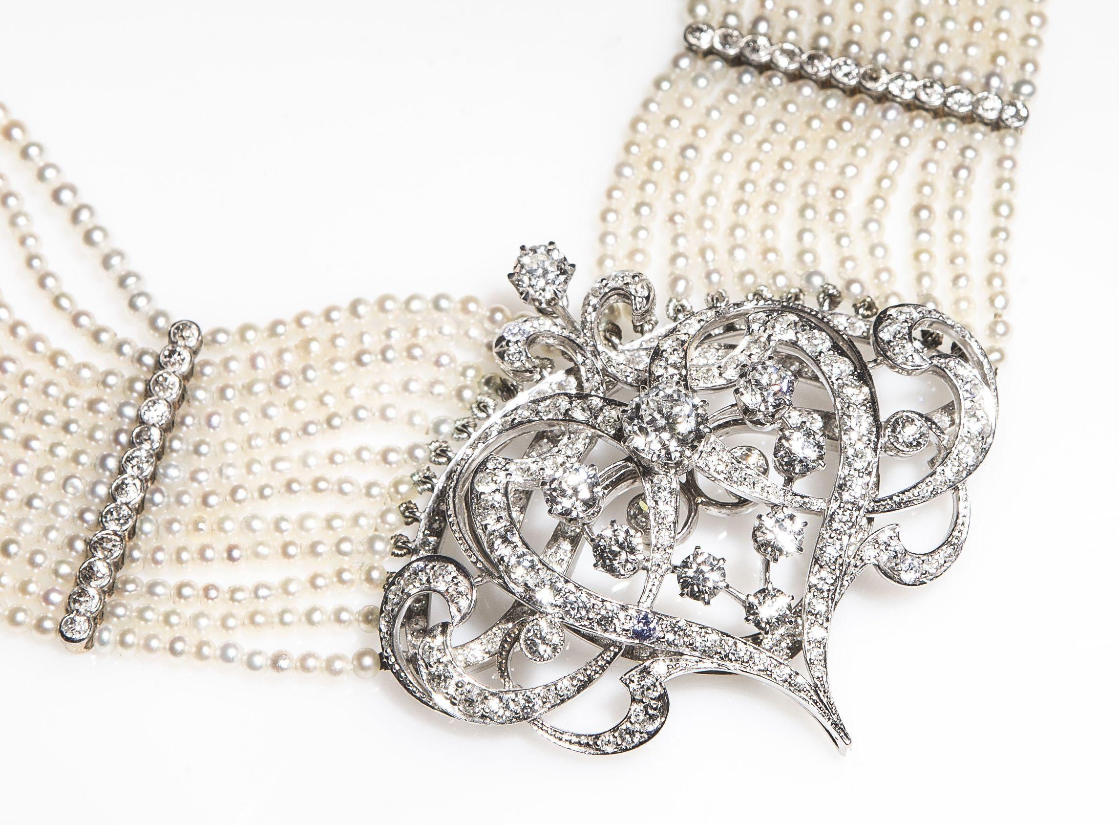 Seed Pearl Diamond Platinum Gold Choker Necklace In Excellent Condition For Sale In Berlin, DE