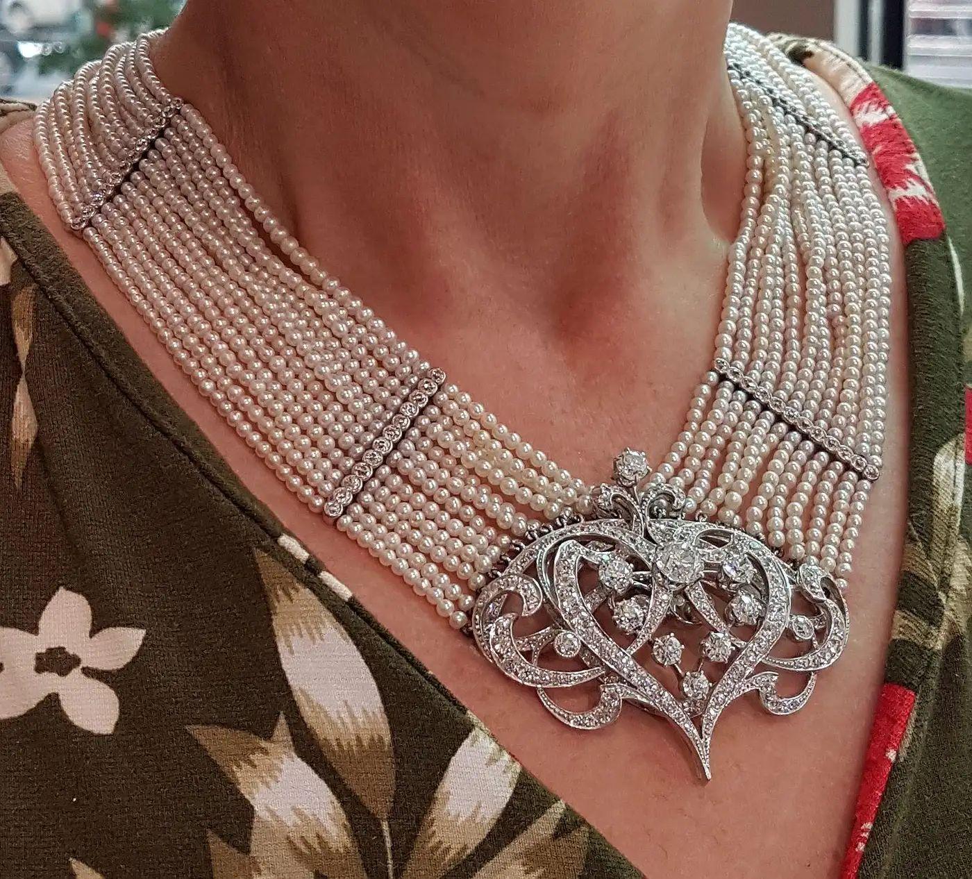 Seed Pearl Diamond Platinum Gold Choker Necklace For Sale 2