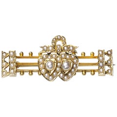 Seed Pearl Gold Double Heart and Bow Brooch