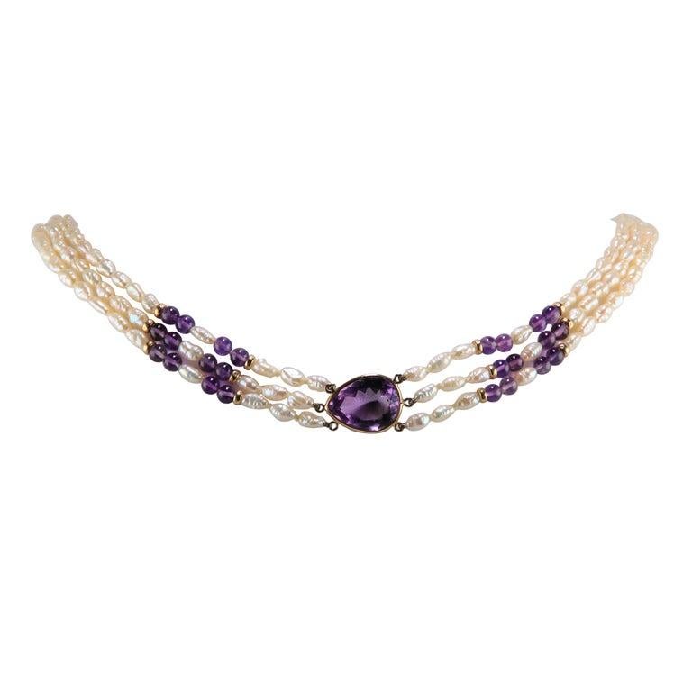 Collar de perlas y amatista dorada Collar de varias vueltas Años 80 Corte pera en venta