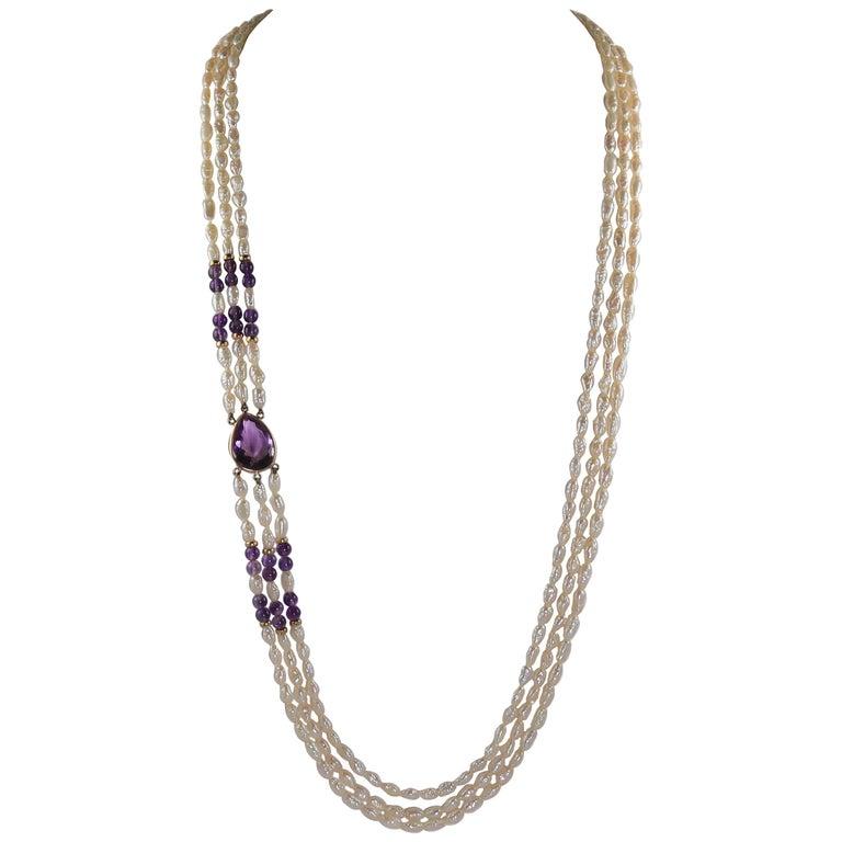 Collar de perlas y amatista dorada Collar de varias vueltas Años 80 en Excelente estado para la venta en Great Neck, NY