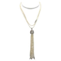 Seed Pearl Necklace with 4 1/2" Pearl Tassel 18K WG 32"L