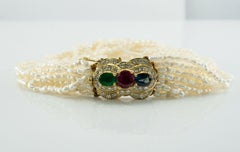 Seed Pearl Ruby Sapphire Bracelet Emerald Diamond 14K Gold