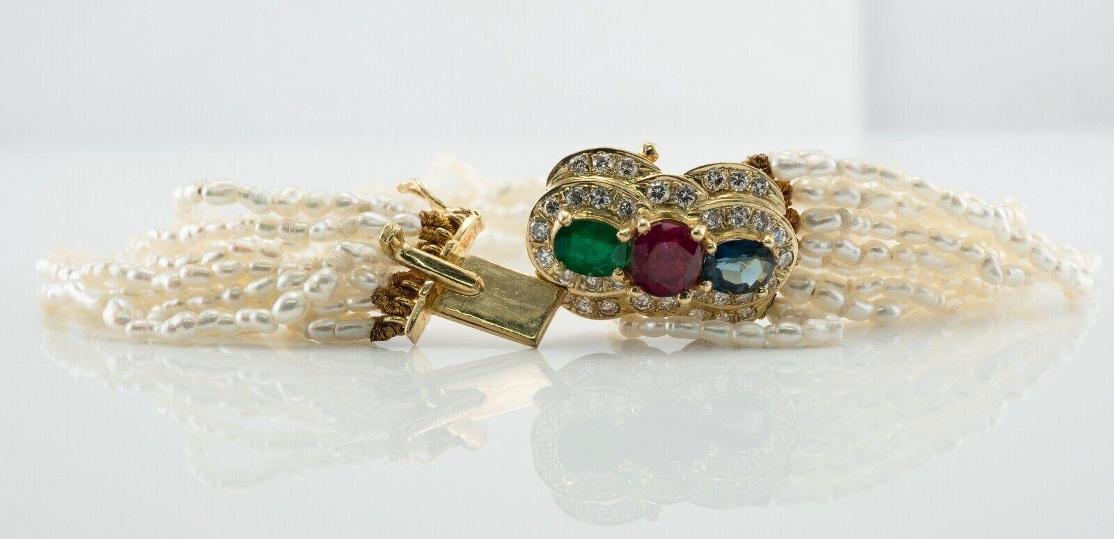 Taglio rotondo Bracciale con perle e rubini e zaffiri Smeraldo e diamanti in oro 14K in vendita