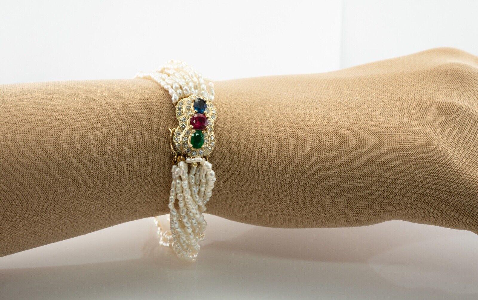 Seed Pearl Ruby Sapphire Bracelet Emerald Diamond 14K Gold In Good Condition For Sale In East Brunswick, NJ
