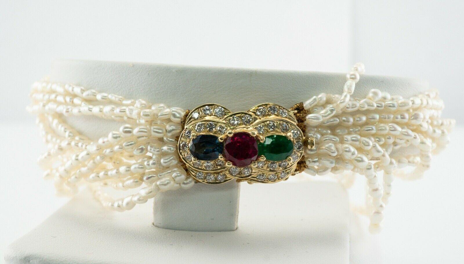 Women's Seed Pearl Ruby Sapphire Bracelet Emerald Diamond 14K Gold For Sale