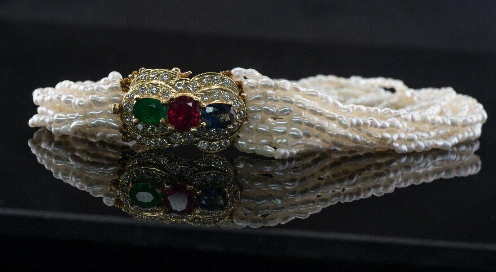 Seed Pearl Ruby Sapphire Bracelet Emerald Diamond 14K Gold For Sale 2