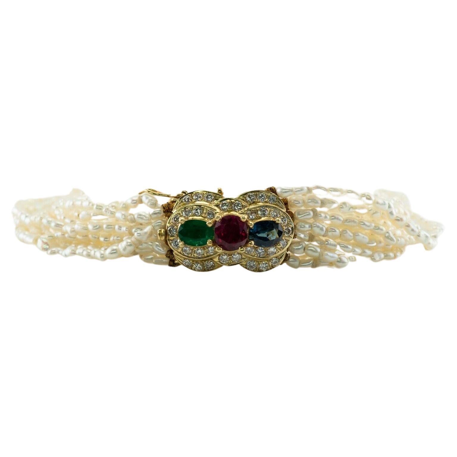 Seed Pearl Ruby Sapphire Bracelet Emerald Diamond 14K Gold For Sale