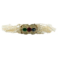 Vintage Seed Pearl Ruby Sapphire Bracelet Emerald Diamond 14K Gold