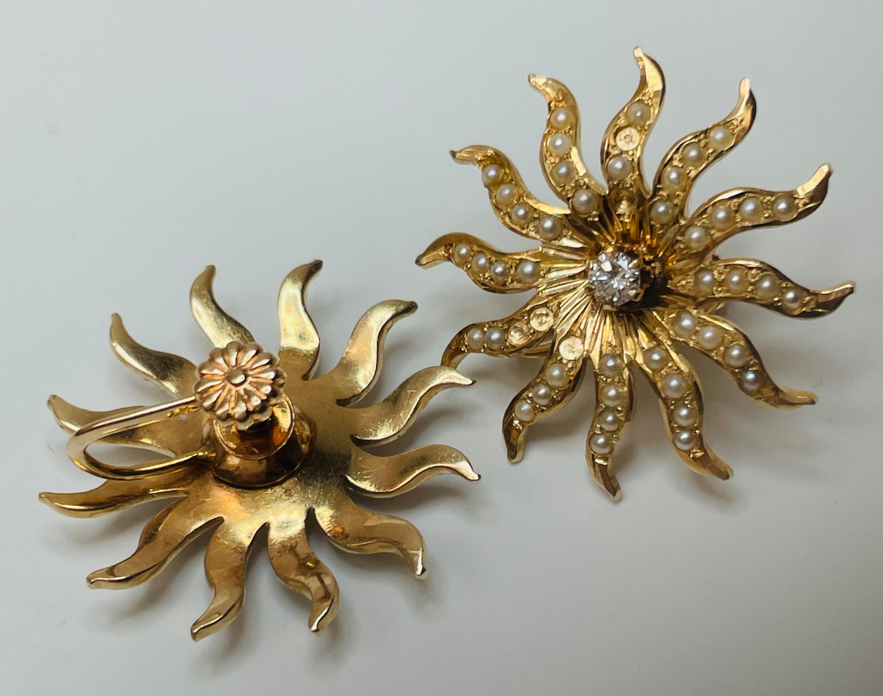 14kt. Yellow Gold Victorian Style Seed Pearl and Diamond Sunburst Earrings. These earrings have screw backs on the back. 
The  two Round Brilliant Cut Diamonds in the center of the sunburst weigh a total of approximately 0.25 ct. They are 1
