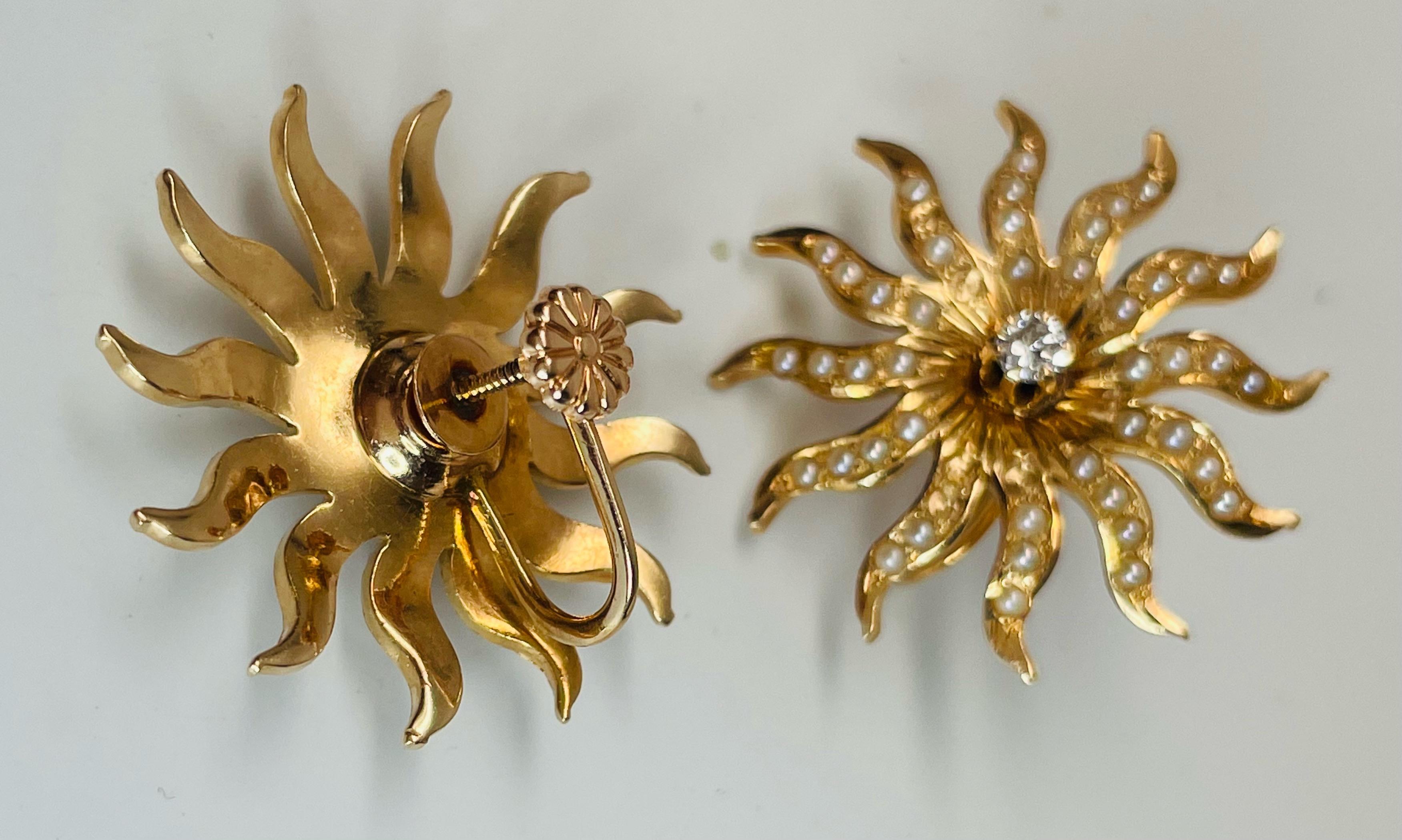 Brilliant Cut Seed Pearl Sunburst Diamond Earrings For Sale