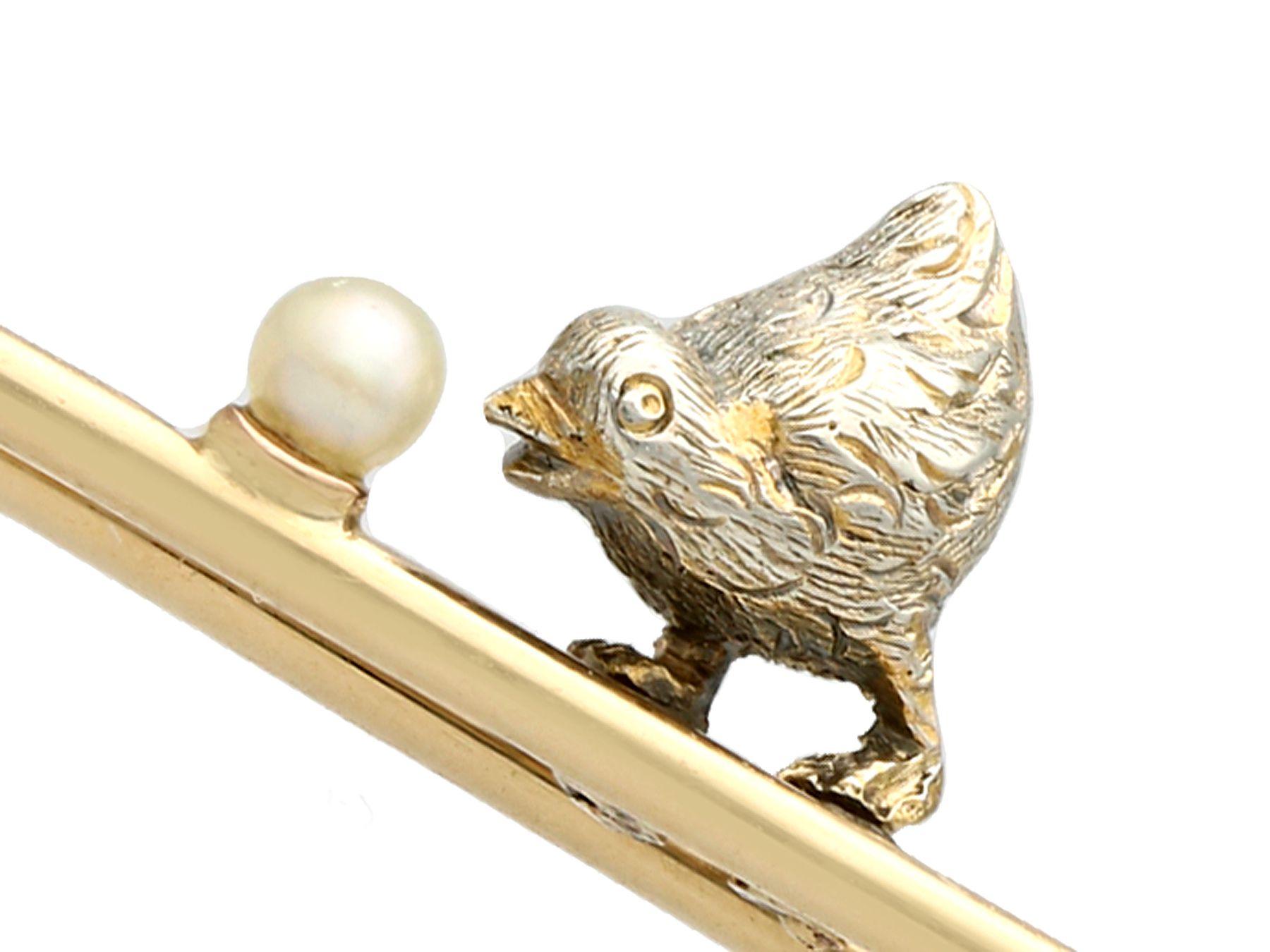 A fine and impressive antique seed pearl, 14k yellow gold and silver chick brooch; part of our diverse antique jewelry and estate jewelry collections

This fine and impressive antique brooch has been crafted in 14k yellow gold and silver.

The 1890s