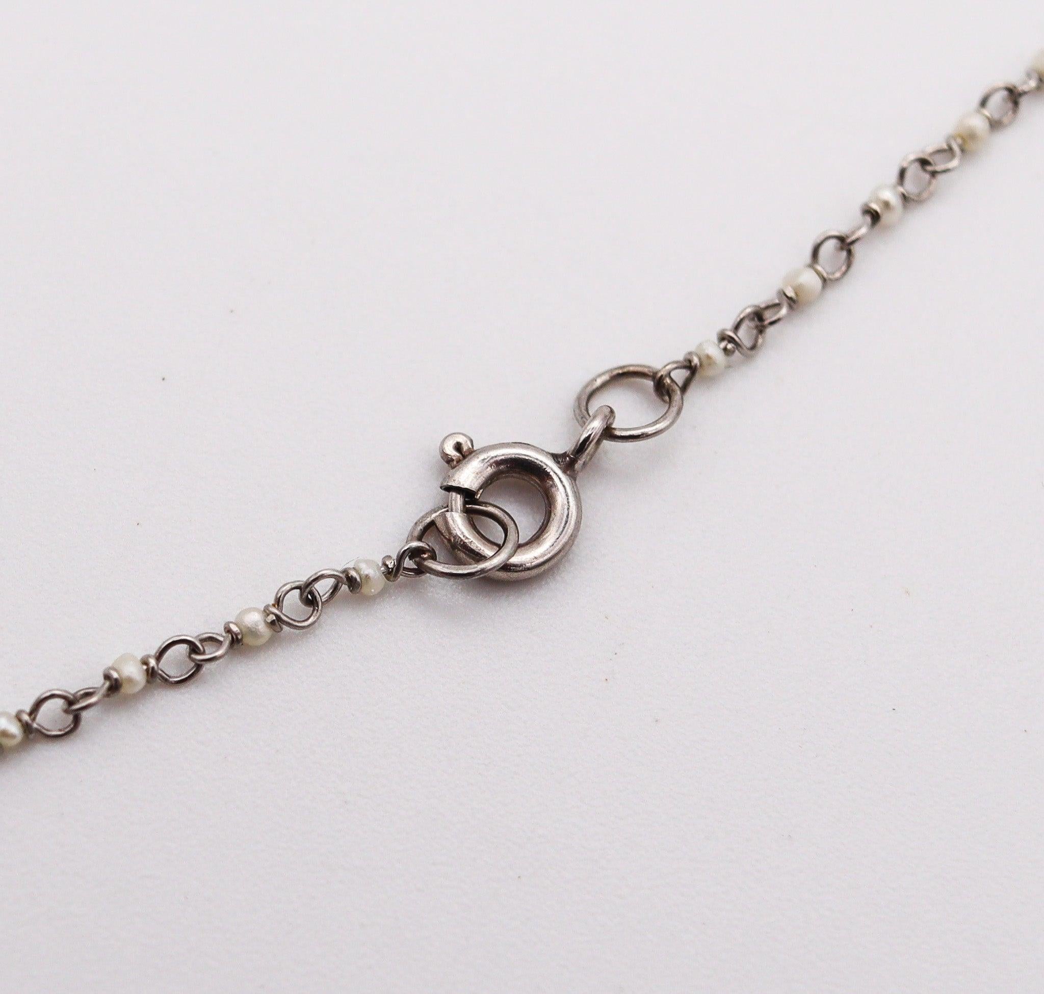 Women's SEED PEARLS 1920 Art Deco Antique Stations Chain Necklace With Platinum Wires For Sale