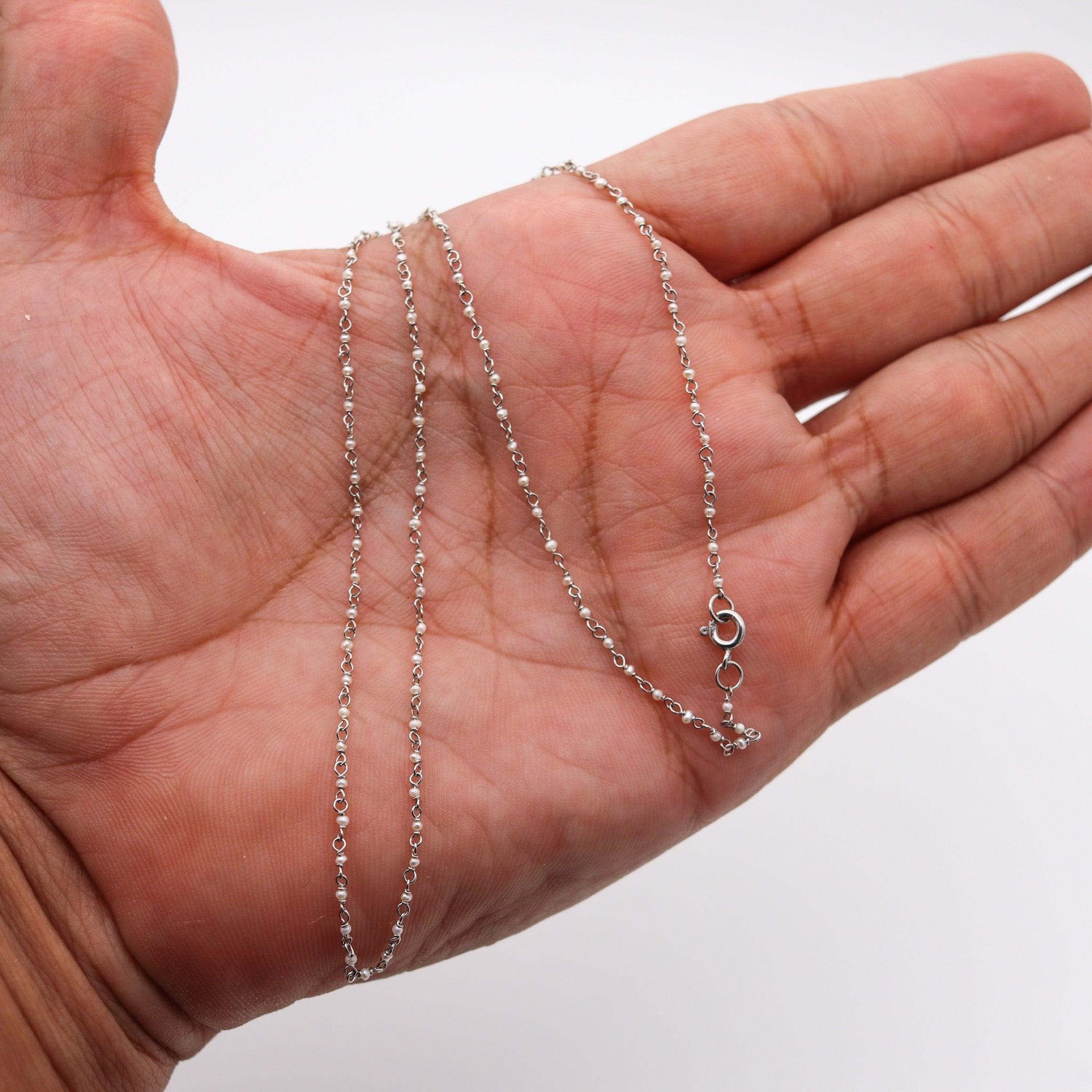 SEED PEARLS 1920 Art Deco Antique Stations Chain Necklace With Platinum Wires For Sale 2