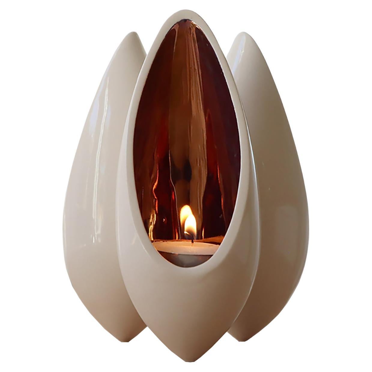 Seed Pod Tealight Holder - Gloss White with Copper Lustre For Sale