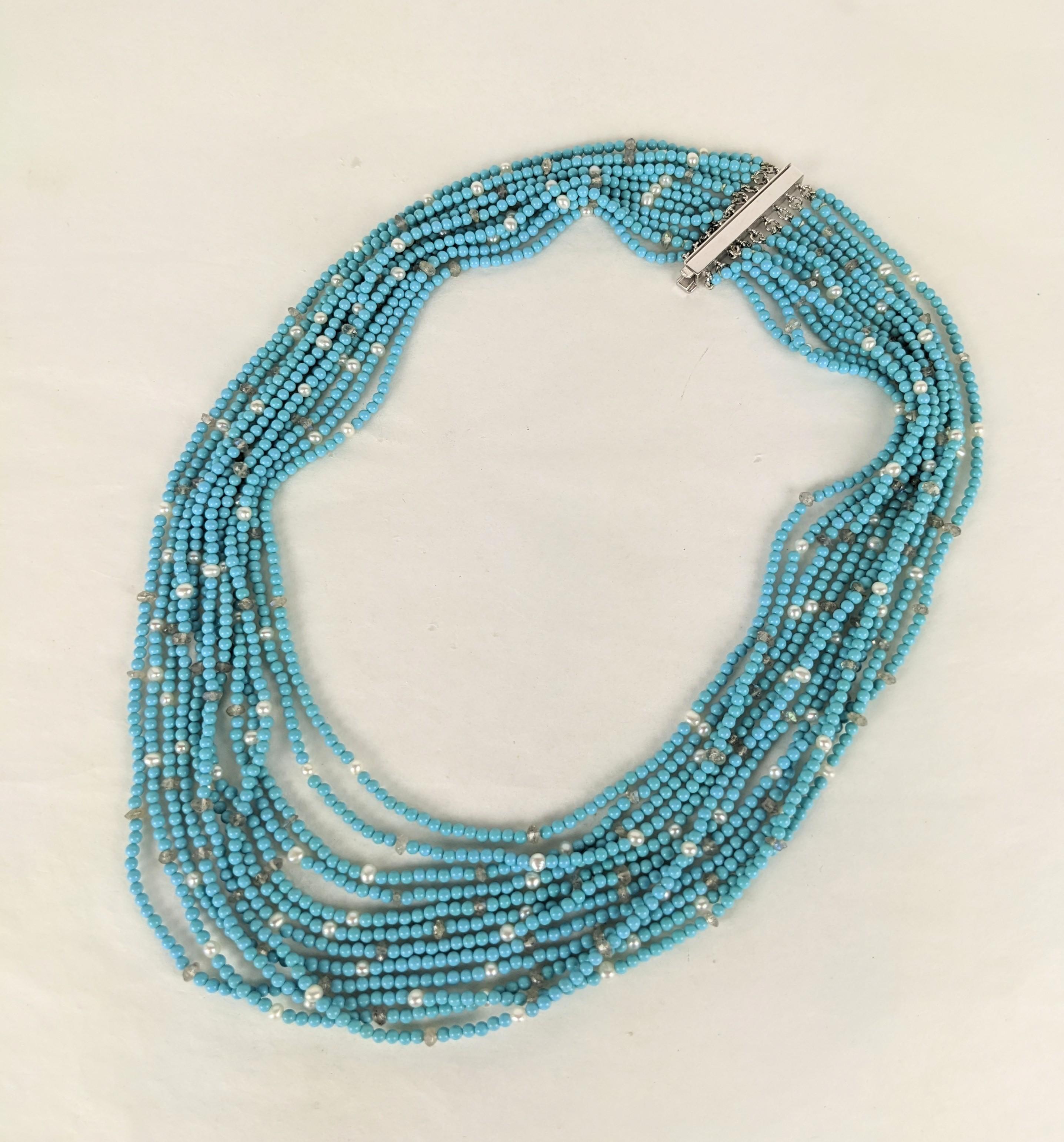Graduated Seed Turquoise, Raw Diamond and Pearl Necklace with an 18k white gold clasp. Multiple strands of seed turquoise spaced with raw diamond beads and pearls.  Shortest 15.5