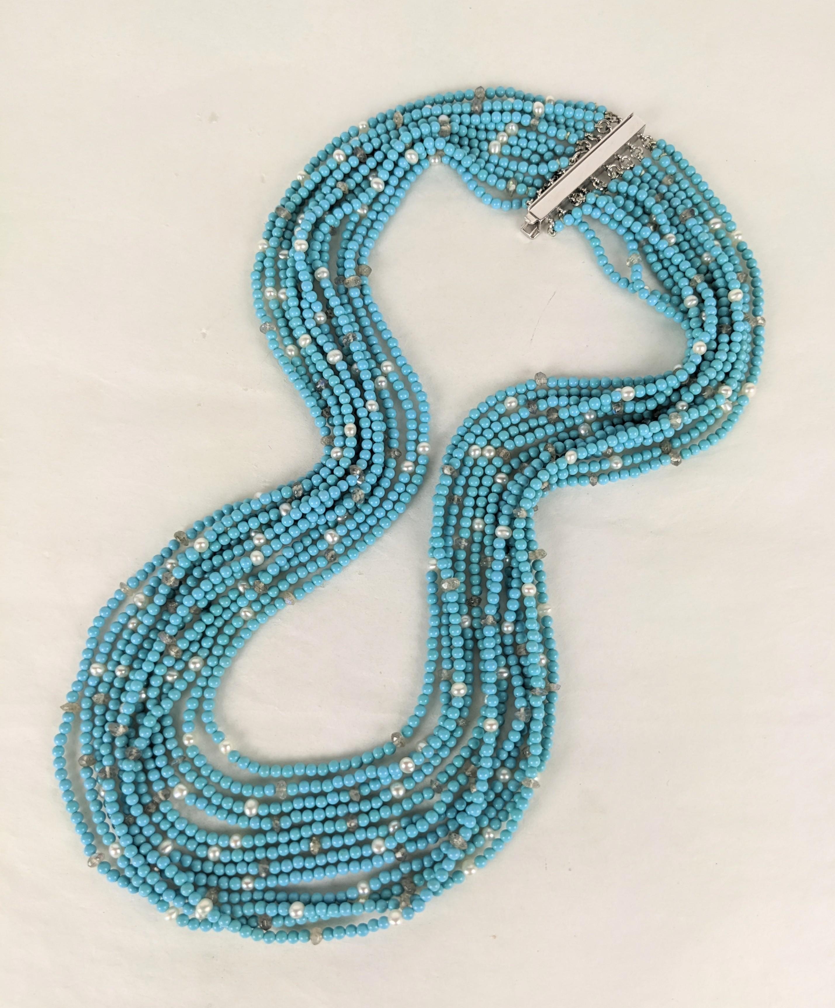 Artisan Seed Turquoise, Raw Diamond and Pearl Necklace For Sale