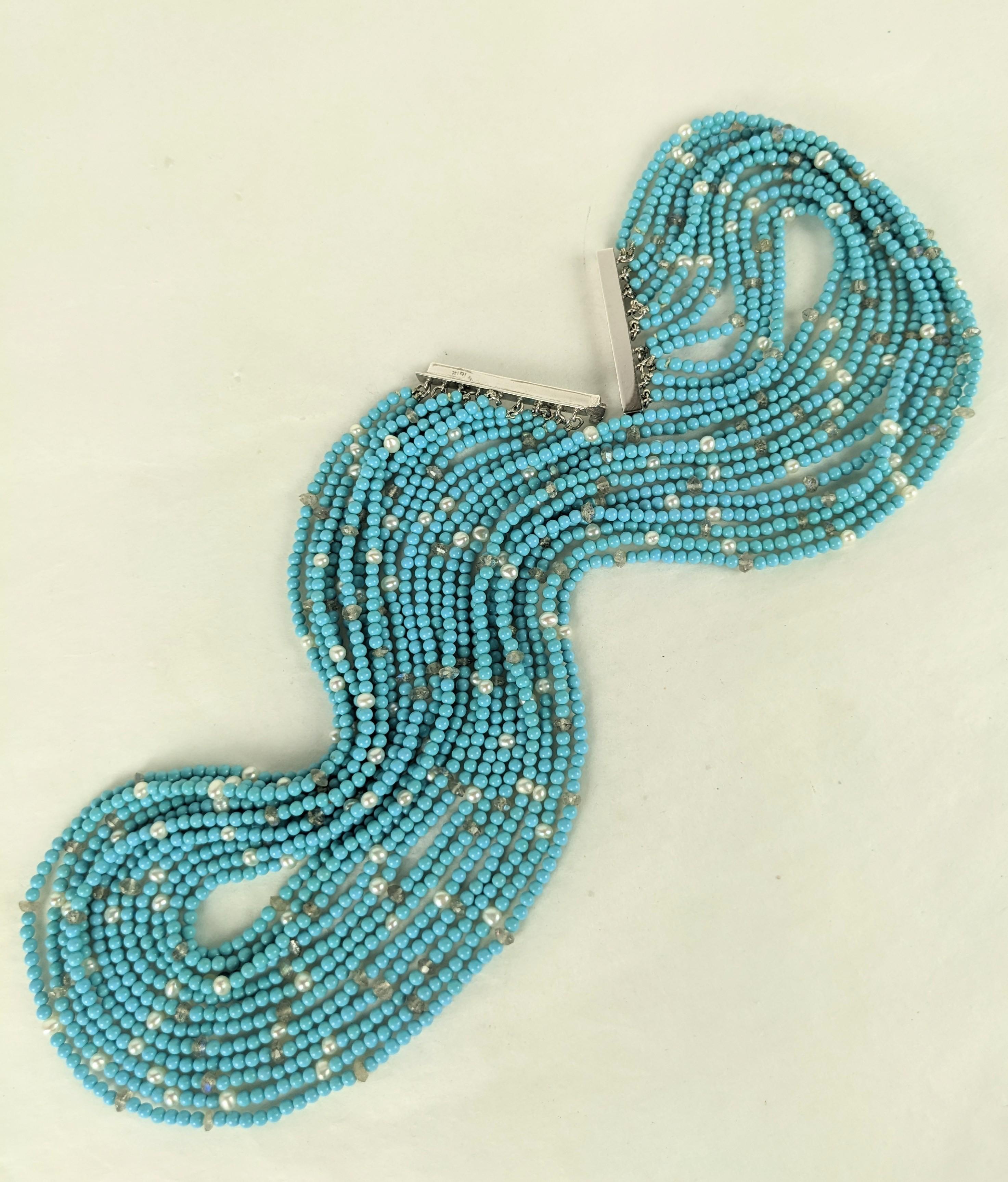 Bead Seed Turquoise, Raw Diamond and Pearl Necklace For Sale