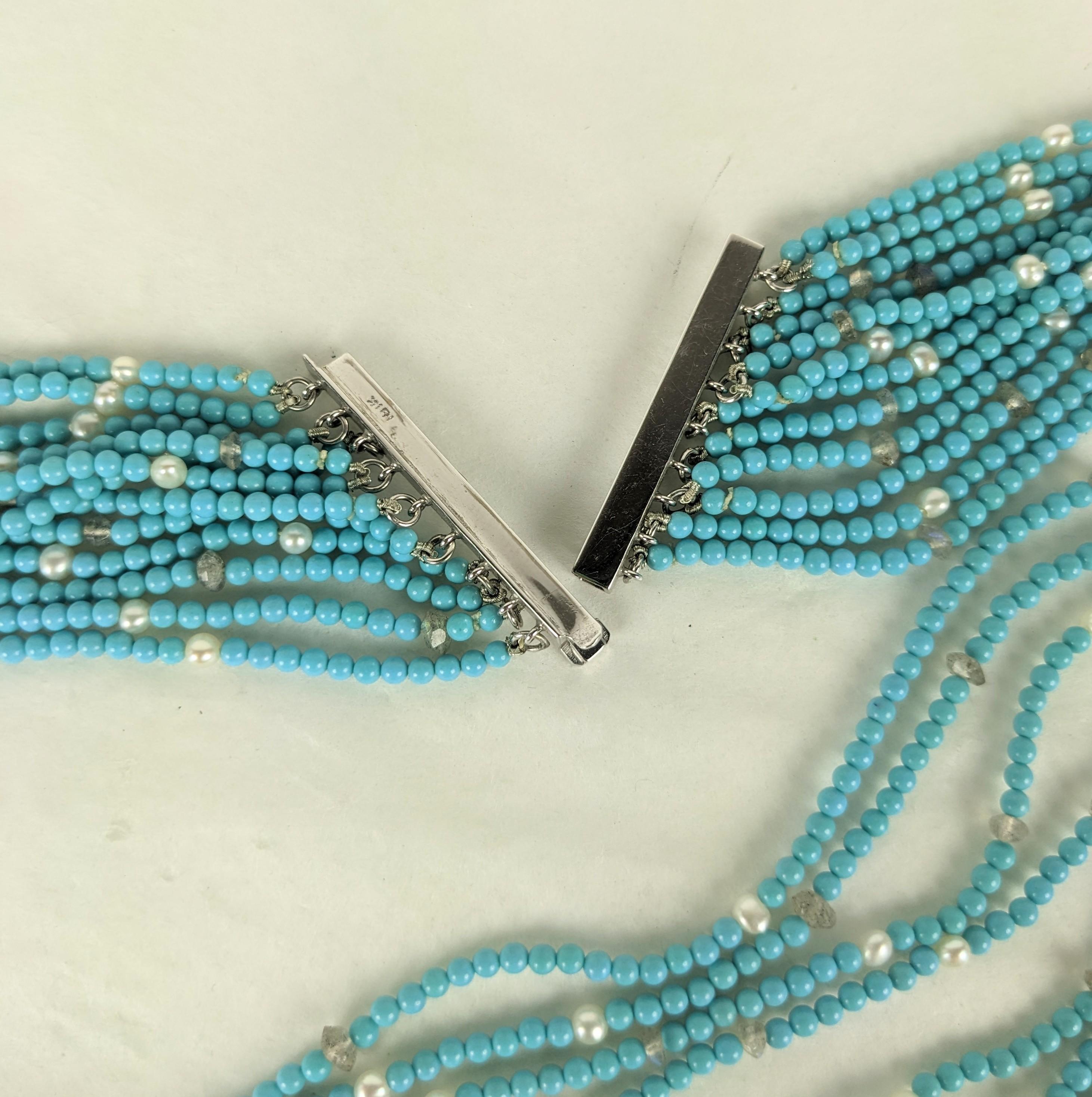 Seed Turquoise, Raw Diamond and Pearl Necklace In Good Condition For Sale In New York, NY