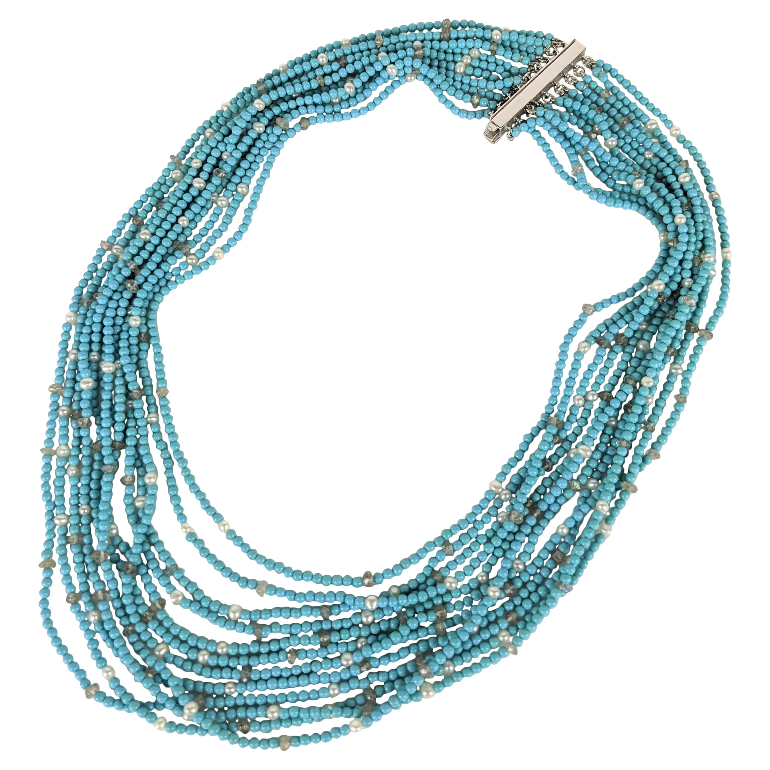 Collar de Turquesa en Semilla, Diamante en Bruto y Perla