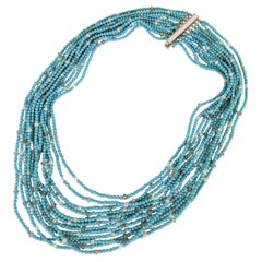 Collier de turquoises de rocaille, diamants bruts et perles