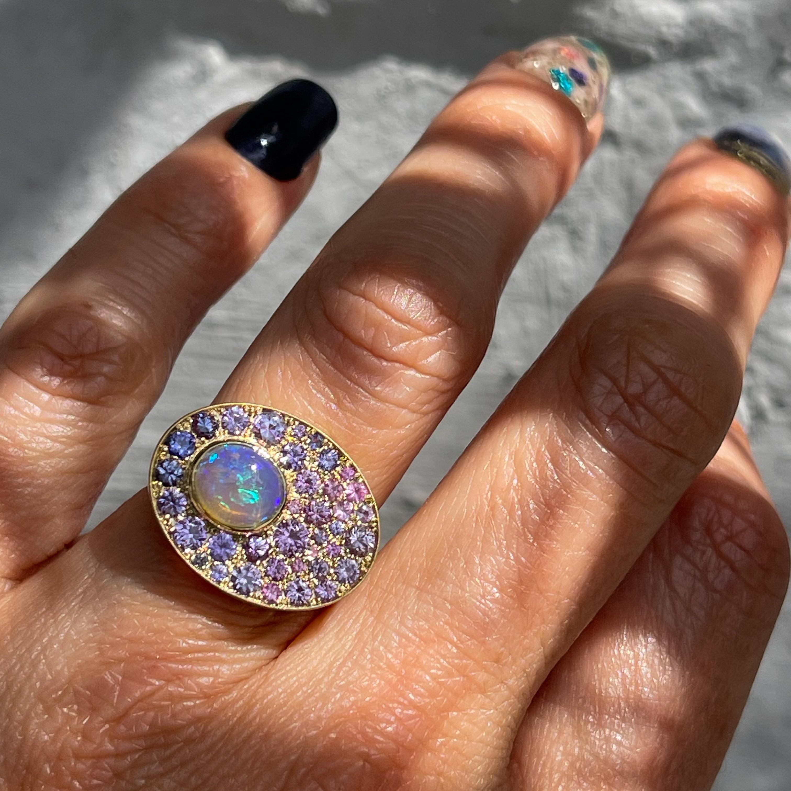 Contemporary Seeds of Tomorrow Australian Opal Ring with Sapphires in Gold by NIXIN Jewelry For Sale