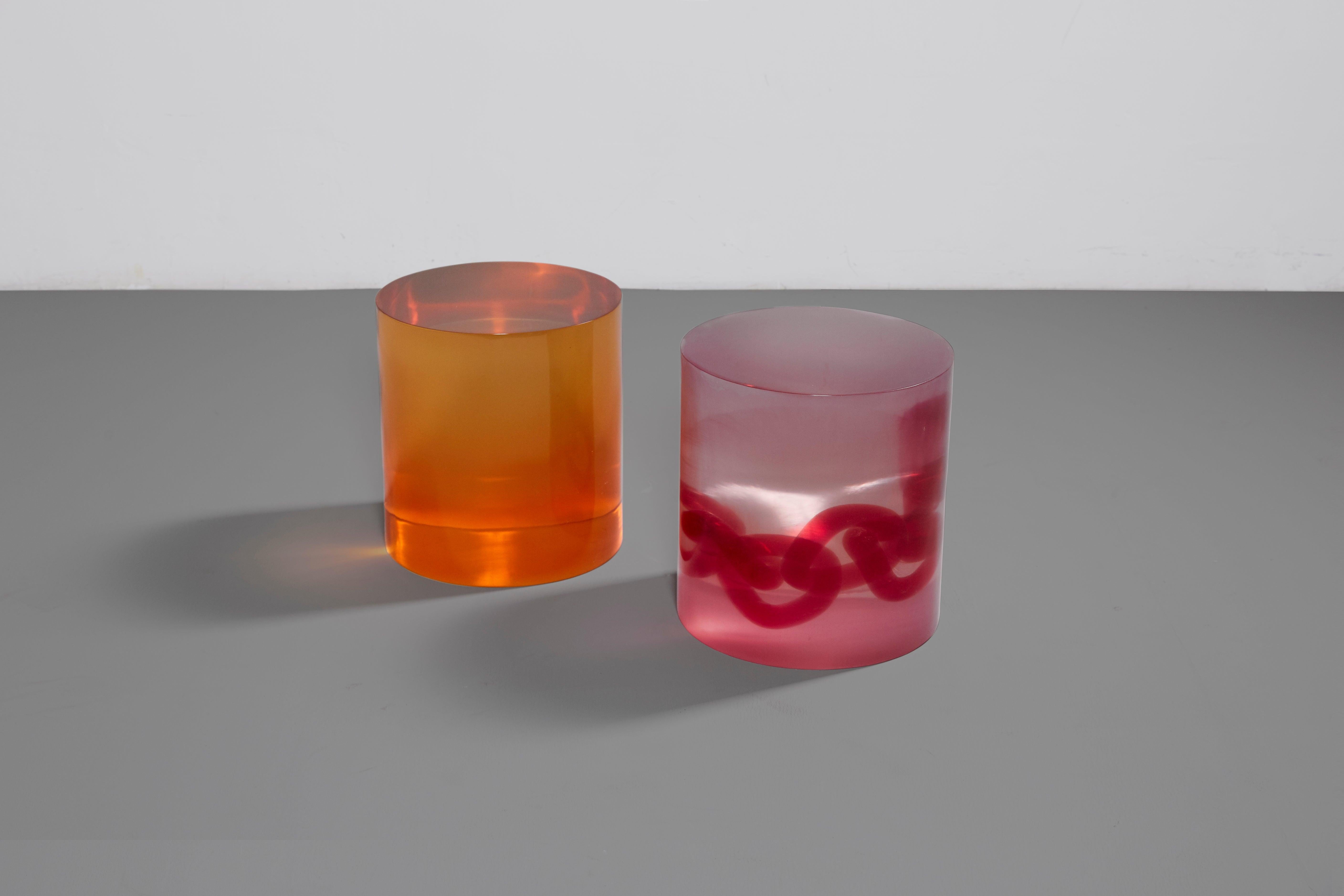 Chinese Seeing Through Your Illusions Chain, Pink Translucent Resin Stool by Hua Wang For Sale
