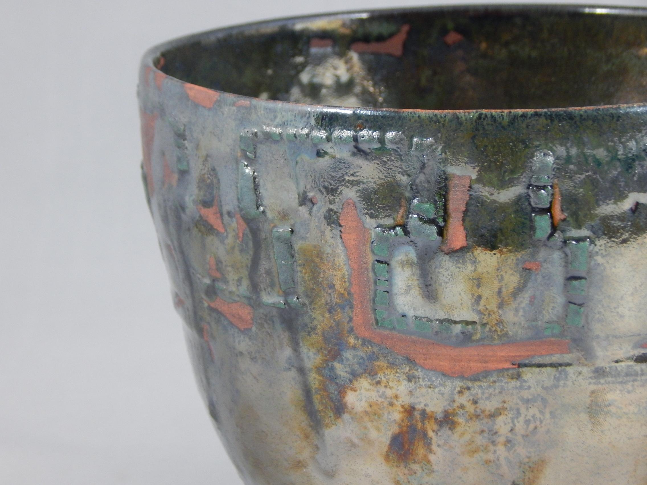 Seelbach wheel thrown earthenware vessel by ceramicist Andrew Wilder.
This is a one of a kind object made in the ancient way- by hand in a small artisanal pottery. In this series Wilder explores the application of lichen under glazes to achieve