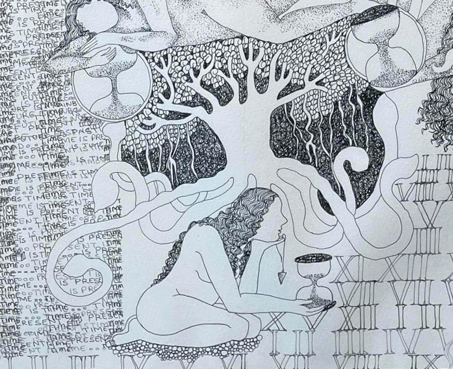 Seema Kohli
Ohne Titel (Zeit ist Gegenwart)
Zeichnung auf Papier
22 x 30 Zoll, 2010
(Gerahmt & Geliefert)

Dieses Kunstwerk ist eine symbolische Zeichnung, die die Zeit, die Existenz und die Zyklen des Lebens erforscht. Mit ihren Uhren, römischen