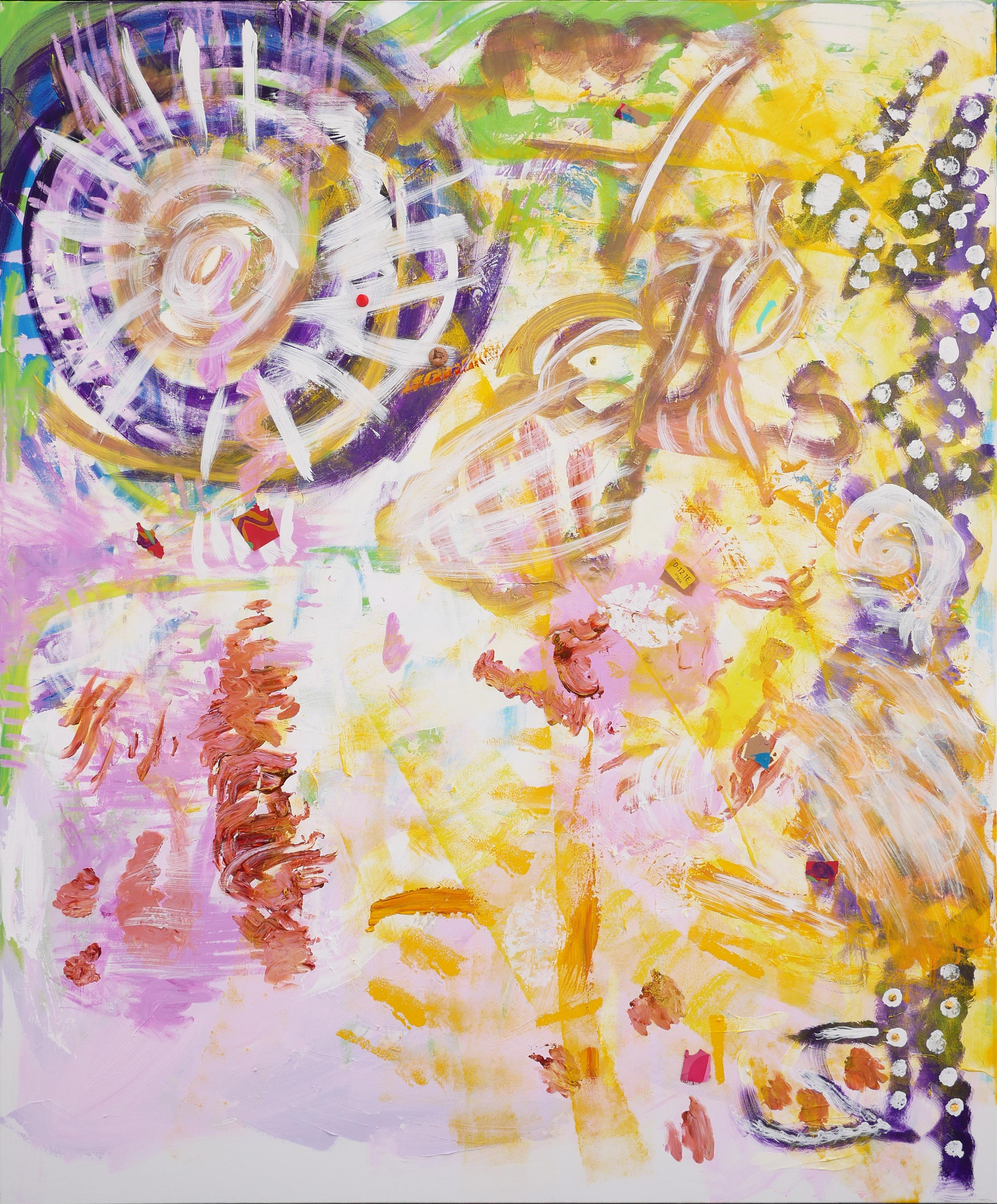 "Locust Wind" Colorful Yellow, Purple, & Green Contemporary Abstract Painting - Mixed Media Art by Seema Nanda