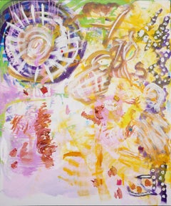 ""Locust Wind"" Buntes zeitgenössisches abstraktes Gemälde in Gelb, Lila und Grün