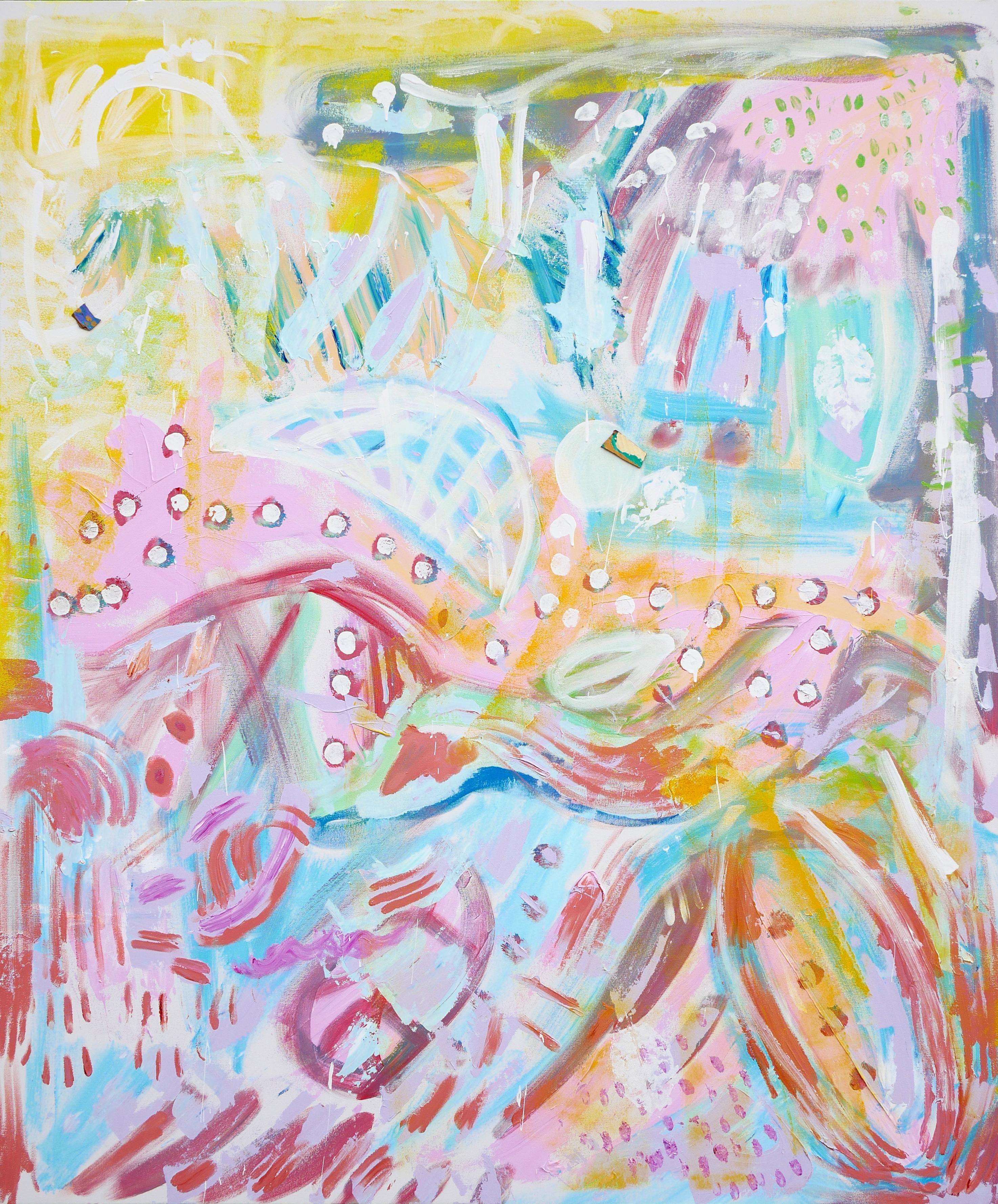 "Paradise" Pastel Blue, Yellow, and Pink Contemporary Abstract Painting - Mixed Media Art by Seema Nanda